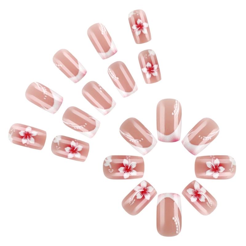 24Pcs Square Press on Nail Glues on Nail French Fake Nail Designs False Nail Artificial Nail Gifts for Women and Girls