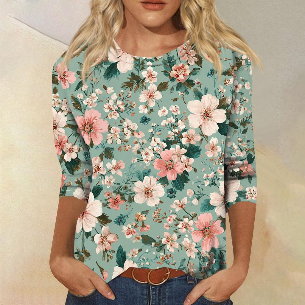 Women’s Crew Neck 3/4 Sleeve Casual Top with Floral Print Lightweight Pullover Loose Fit Blouse for Everyday Wear