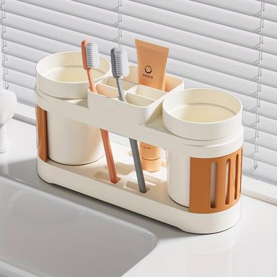 1pc Modern Plastic Toothbrush Holder with Double Cup Single Cup, Floor Installation Couple Bathroom Storage Box Toothbrush Holder, Rinse Cup Se