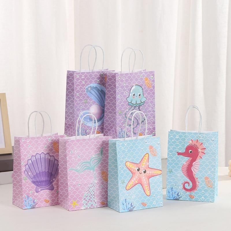 12pcs Mermaids Print Paper Gift Packaging Bag Ocean Themed Party Favors Bags with Handle Holiday Celebration Supplies