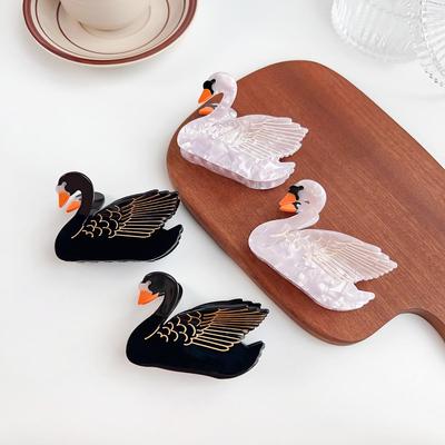 Elegante Schwarz-Weiß Schwan Acetat Haarklammer - Stilvolle & Niedliche Haifischklemme