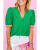 Azura Exchange Bright Green Colorful Trim V Neck Short Sleeve Blouse