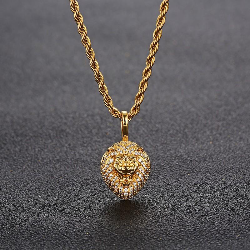Solid Lion Head Pendant Necklace With Zircon Stones Hip Hop Unisex Jewelry Gold White