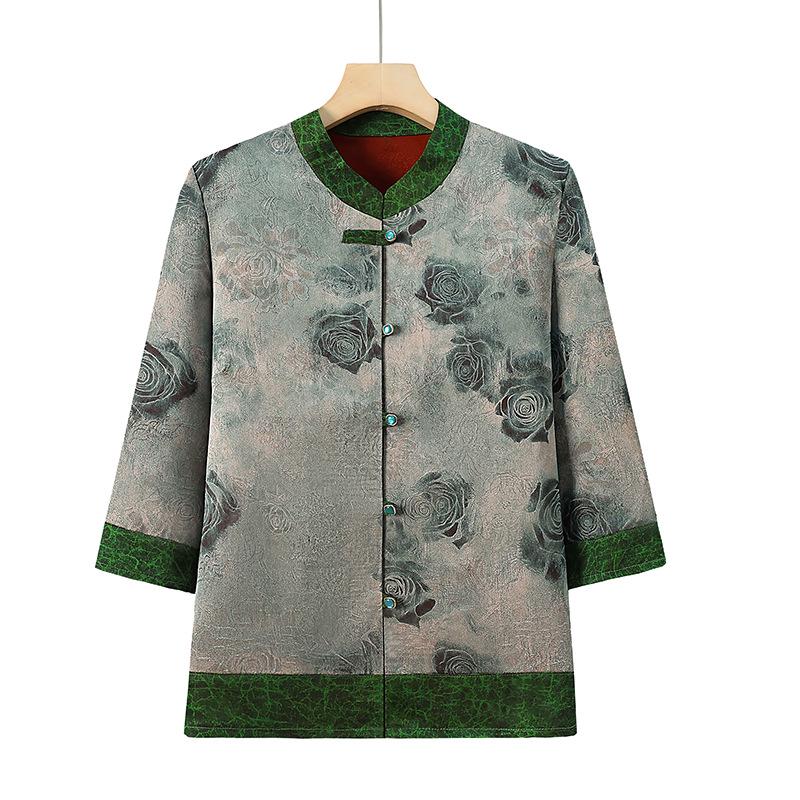 

Grandma s Retro Chinese Style Chiffon Top - 60s/70s Seven-Sleeve Shirt for Women 4XL (suggested weight 133-143 jin) зелёный