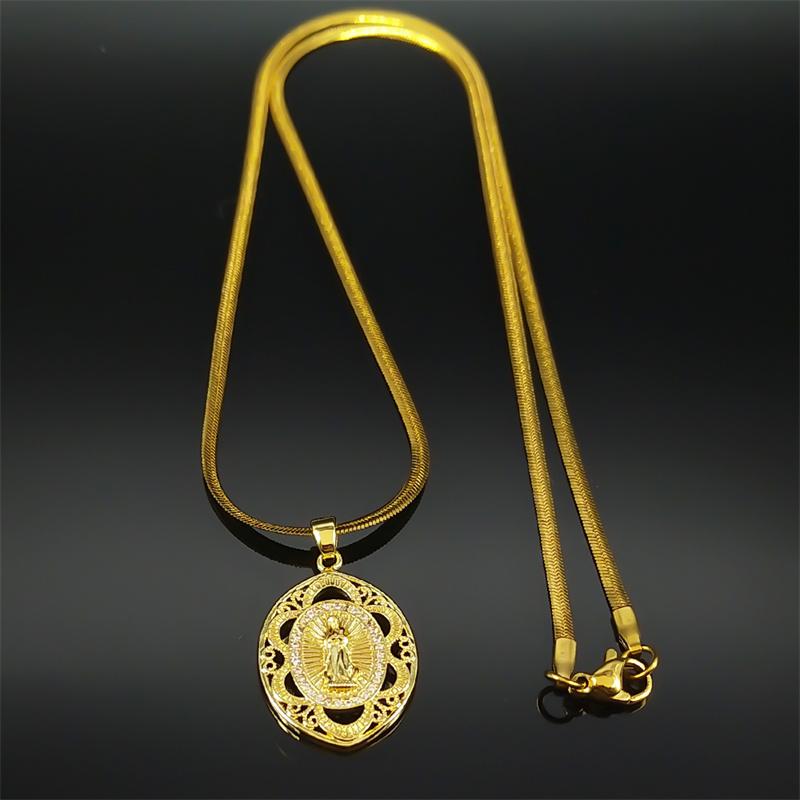 Fashion Virgin Mary Copper Zircon Gold Plated Pendant Necklace for Women Stainless Steel Chain Handmade Jewelry Gift ZZZ592-1
