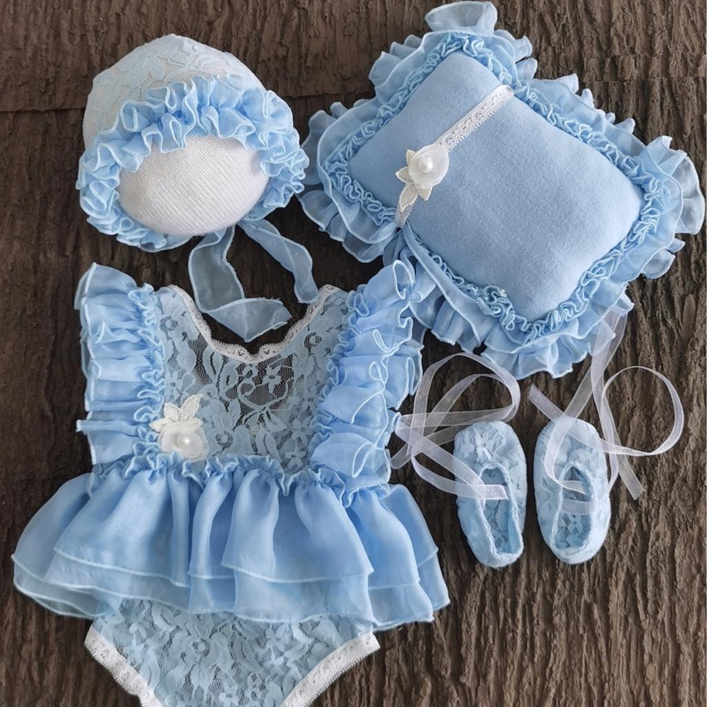 Accessoires de Photographie pour Nouveau-né Fille Combinaison en Dentelle avec Chapeau, Oreiller, Bandeau, Chaussures Robe de Nouveau-né Accessoires de Pose