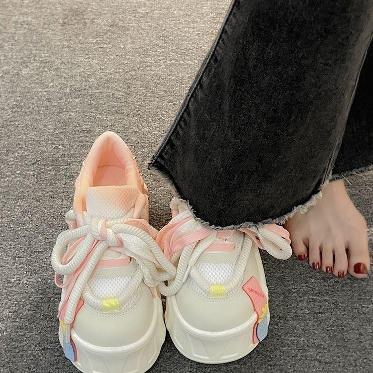 

Дофаминовые уродливо-милые туфли-хлебушки с большой головой женские 2025 новый цветной блок высокая платформа спортивная повседневная обувь нишевая трендовая обувь 38 розовый