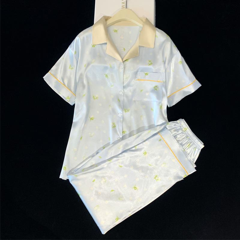 Summer Small Fresh Japanese Style Floral Short-Sleeved Pajamas Women'S Ice Silk Outer Wear Suit