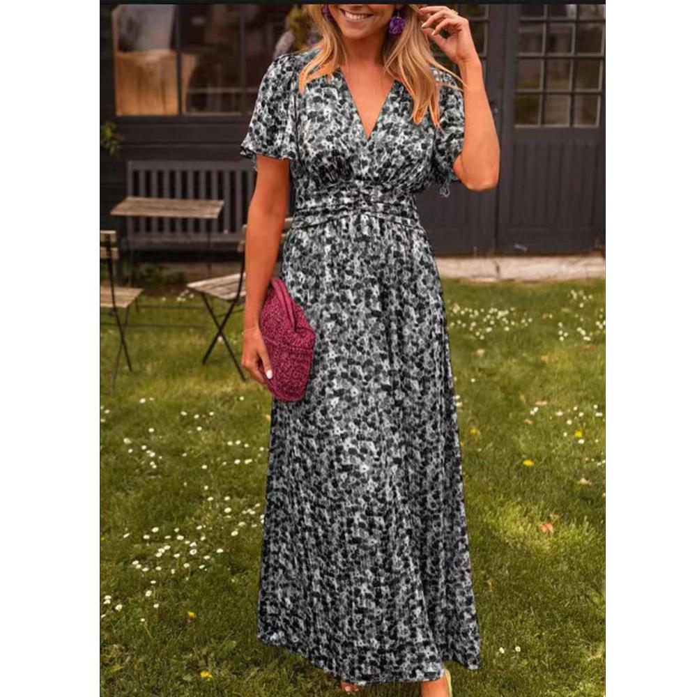 

Summer Women s Floral Print Casual Long Dress V-Neck Short Sleeve Elegant Office Female Beach Party Maxi Dresses Robe XXXL чорний
