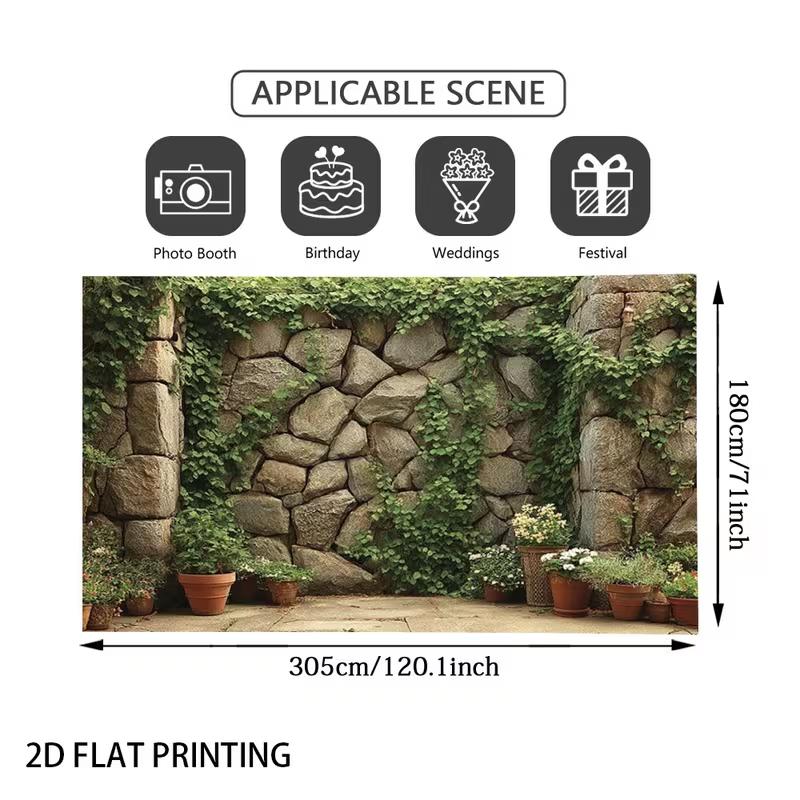 2D Rustic Boulder Stone Wall Terracotta Pot Plant Patio Privacy Screen