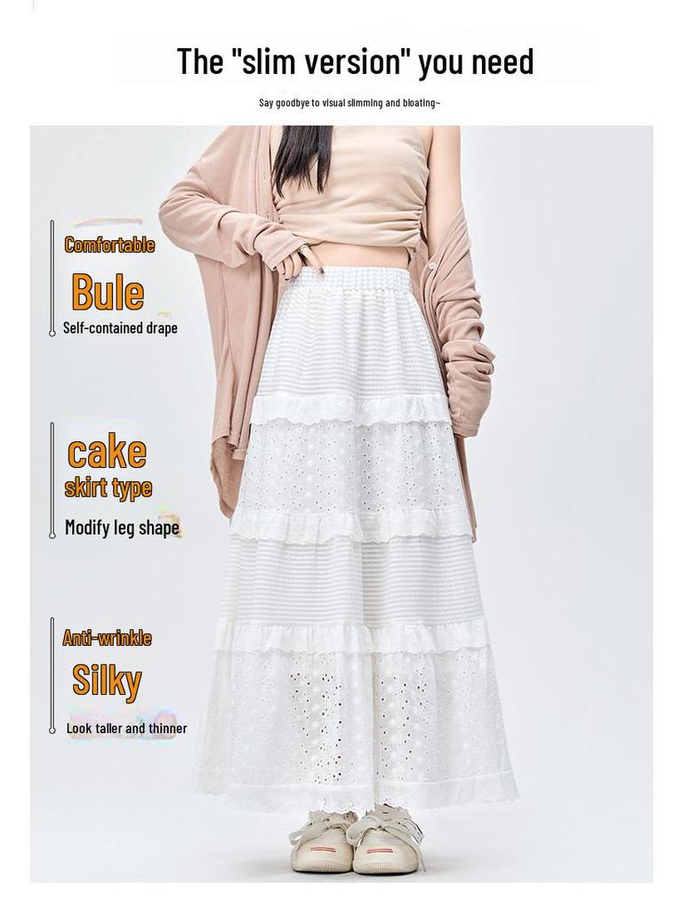 2024 Frühling Damen High-Waist Weiß A-Linien Kuchenrock mit floralem Spitzendesign