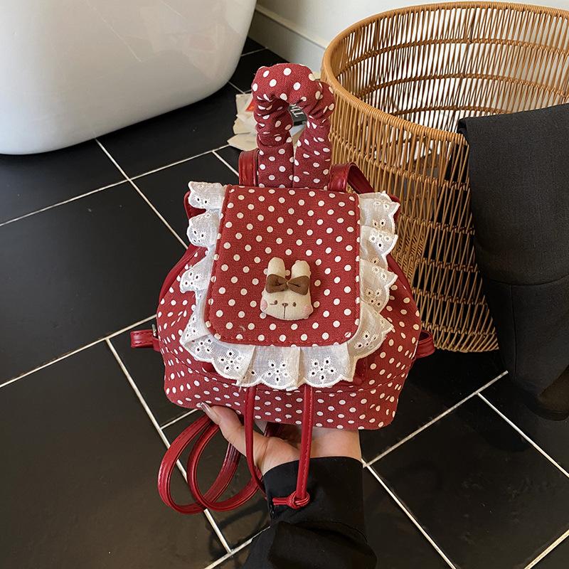 

Нишевый дизайн милый и симпатичный рюкзак женский новый повседневный универсальный кружевной в горошек маленький рюкзак красный