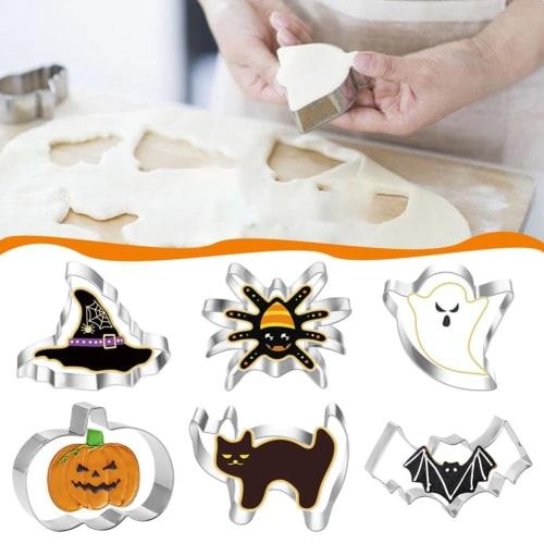 Shnmersy Halloween Cookie Cutter, Stainless Steel Biscuit Molds, 1 Piece/Set of 6, Cat, Spider, Ghost, Pumpkin, Hat, and Bat Shapes, Baking Tools, DIY