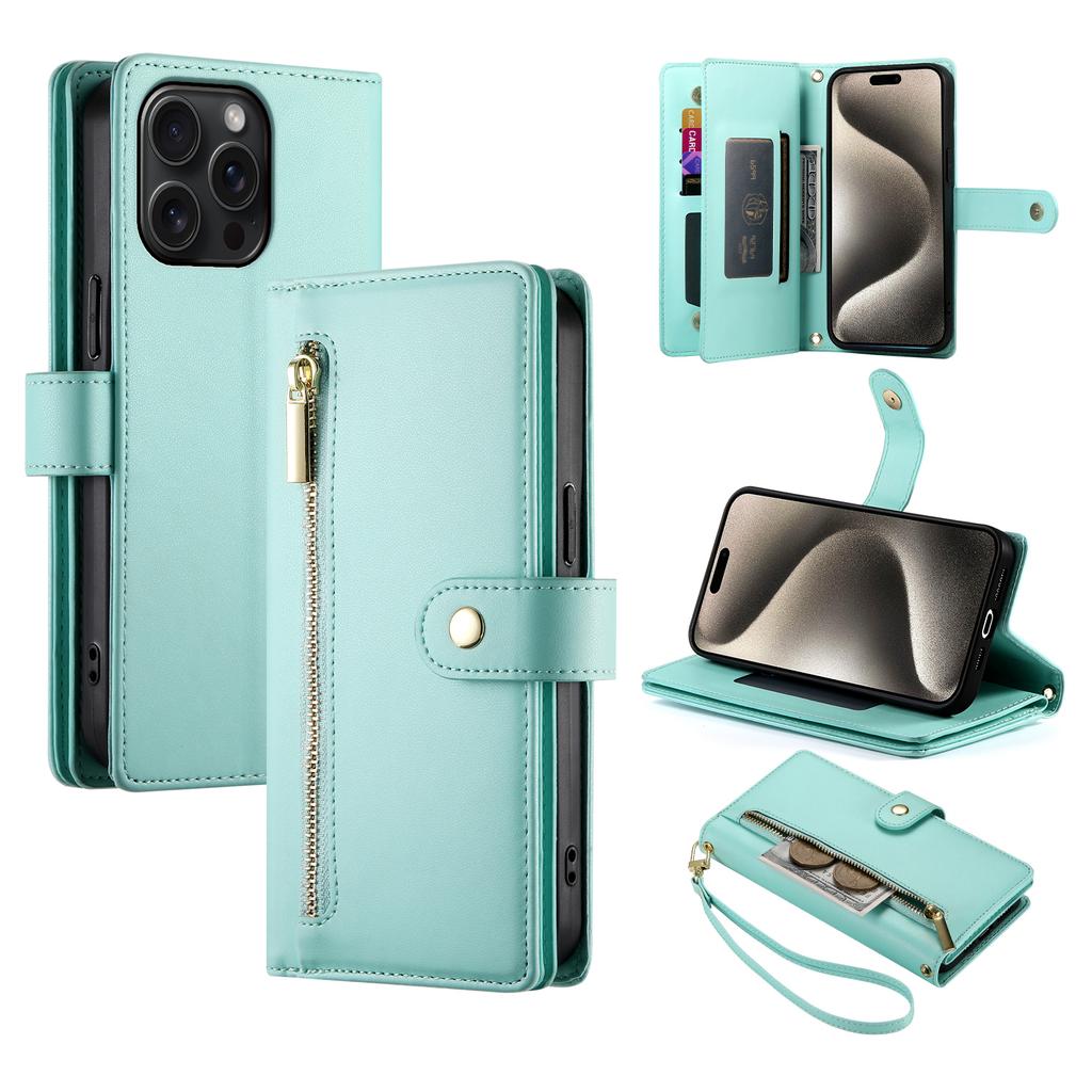 DF-011 For iPhone 15 Pro Max Leather Case Zipper Wallet Crossbody Phone Cover Stand View