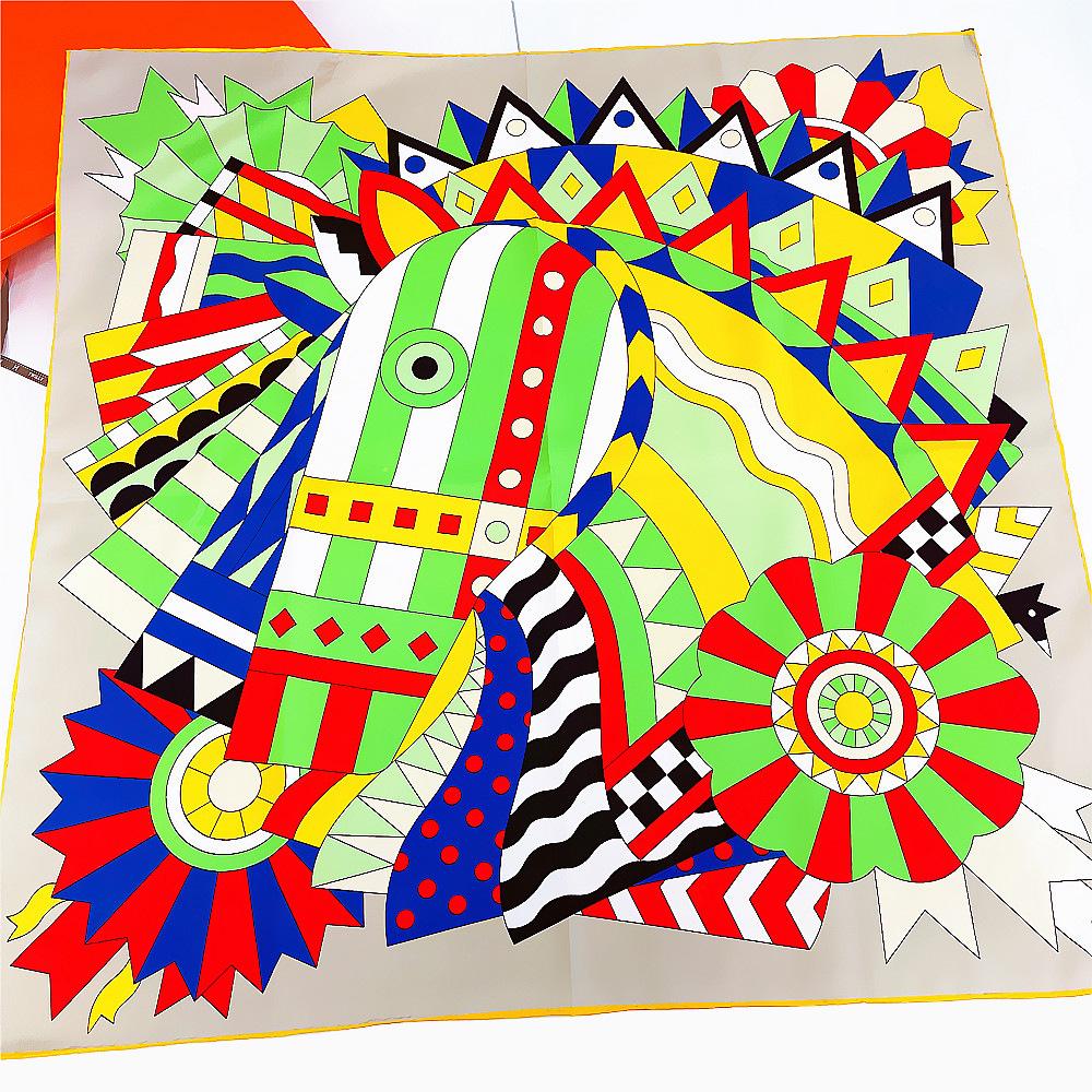 New Handmade curled silk feeling scarf women 90cm Horse twill silk square scarf Retro printing silk scarf shawl Headband