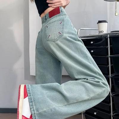Jeans a vita alta color chiaro a gamba larga da donna estate nuovi ricami larghi pantaloni dritti
