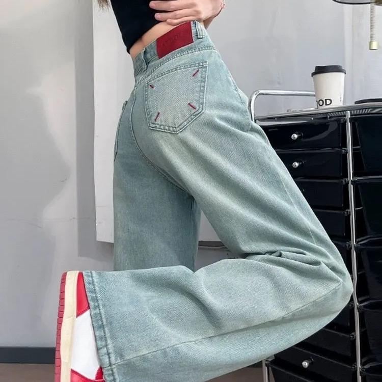 

Джинсы с высокой посадкой светлого цвета с широкими штанинами женские летние новые вышивка свободные прямые брюки M светло-синий