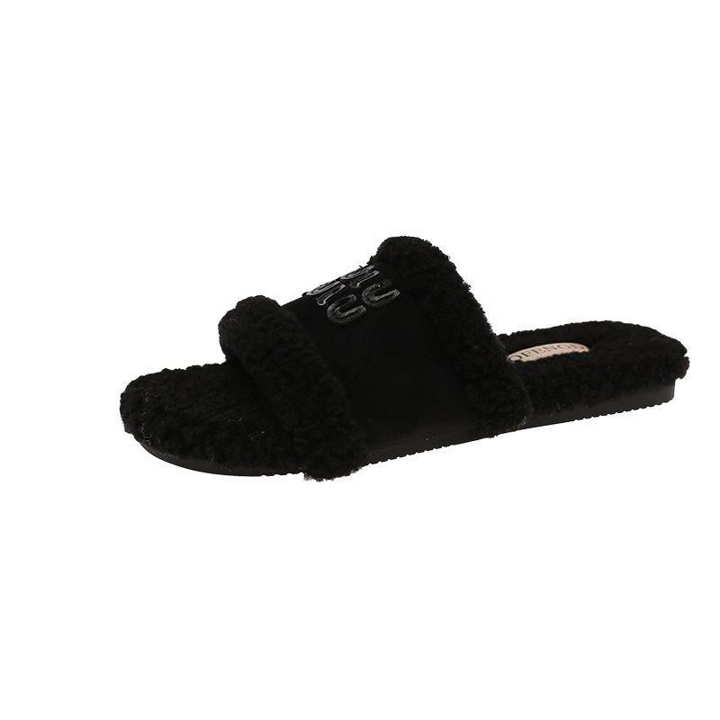 Autumn and Winter 2025 Korean Version of Half-drag Gentle Fluffy Slippers Women Wear New Fairy Velvet Temperament Flat Bottom Retro