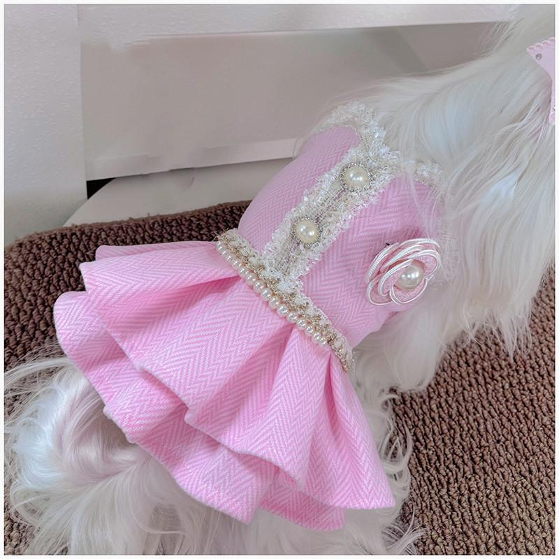 Girly Pink Puppy Dress Camellia Pearl Chain Lace Trim Princess Bow Headband Warm Pet Clothes Chihuahua Small Dogs Winter Outfit