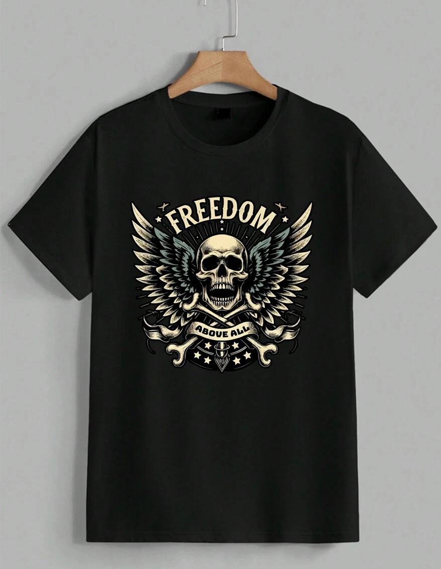 Freedom Above All T-Shirt Biker Skull Wings Graphic Retro Rock Tee Unisex XXL