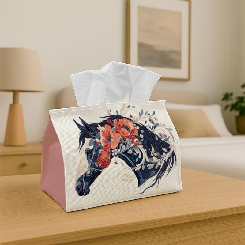 1pc Artistic Horse Floral Tissue Box Holder - Horsehead with Floral Design, Perfect for Living Room, Dining Room, Bedroom, Bathroom, Bar, or Office De
