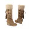Autumn and Winter New Large Size Rear Lace-up Fringed High Boots Sleeve Slope Heel Snow Boots