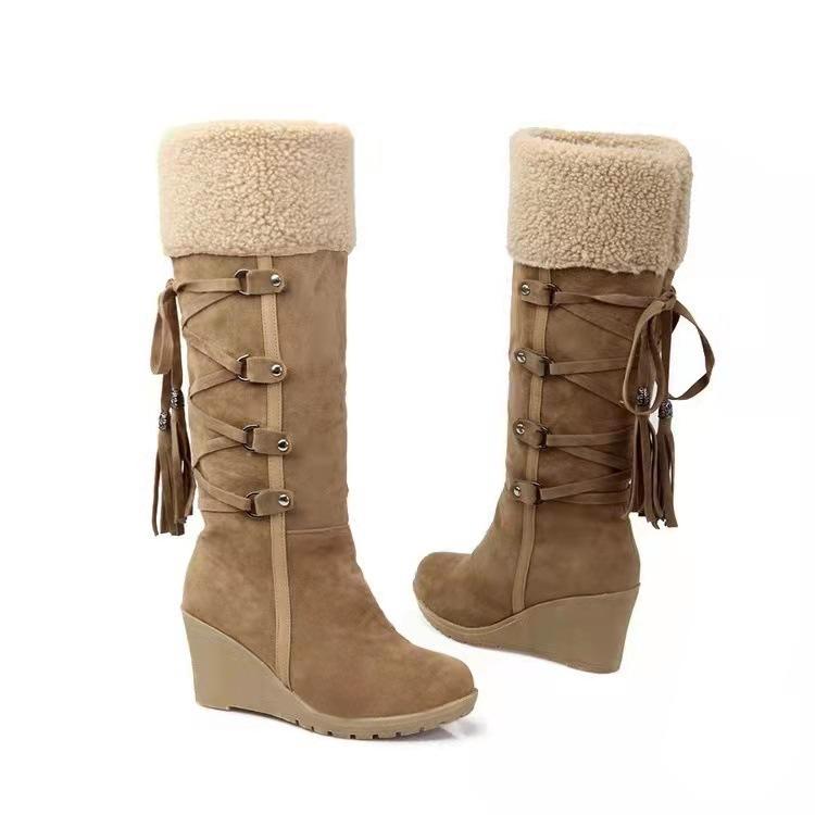 Autumn and winter new large size rear lace-up fringed high boots sleeve slope heel snow boots