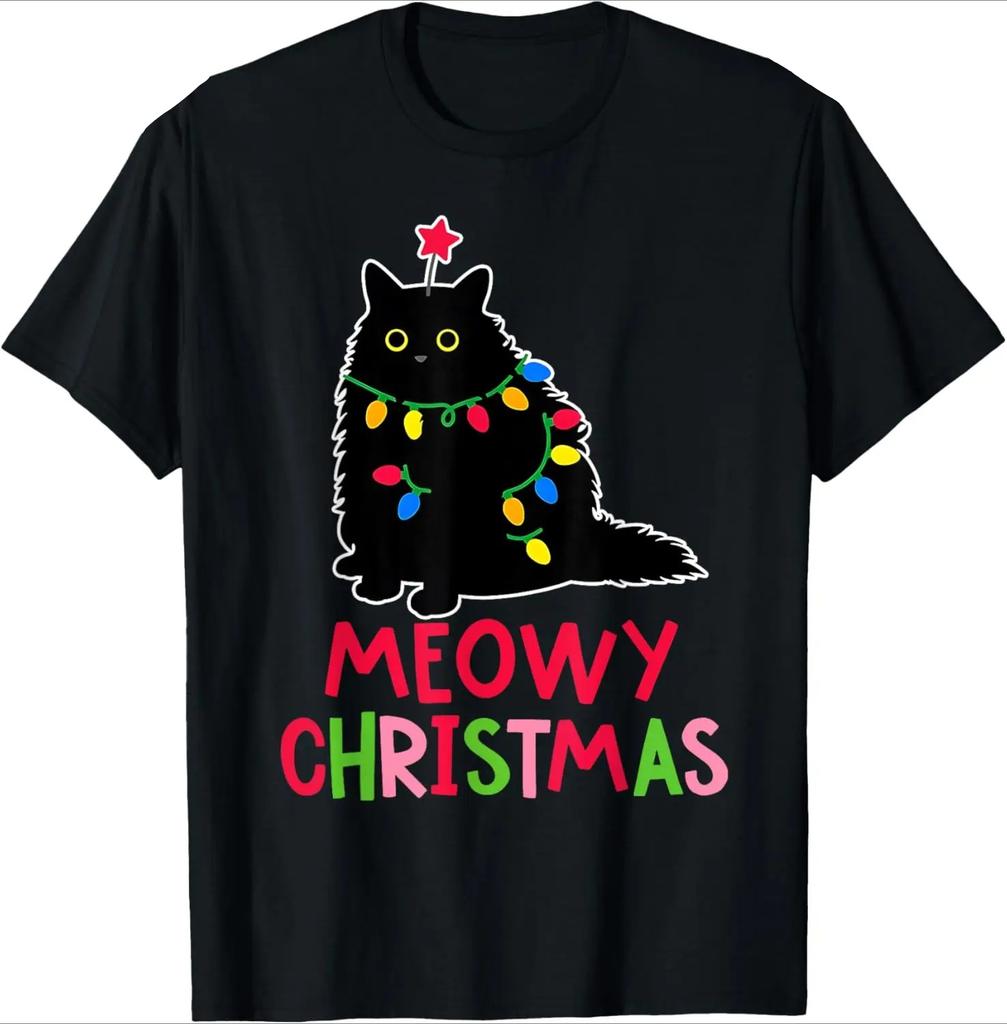 2025 Neuer Stil Niedlich Kawaii Meowy Weihnachten Xmas Lichter Schwarze Katze Schlafanzug Familie Lustig Damen T-Shirt Rundhals Y2k Kleidung