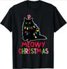 2025 New Style Lovely Kawaii Meowy Christmas Xmas Lights Black Cat Pajamas Family Funny Women TShirt Round Neck Y2k Clothing