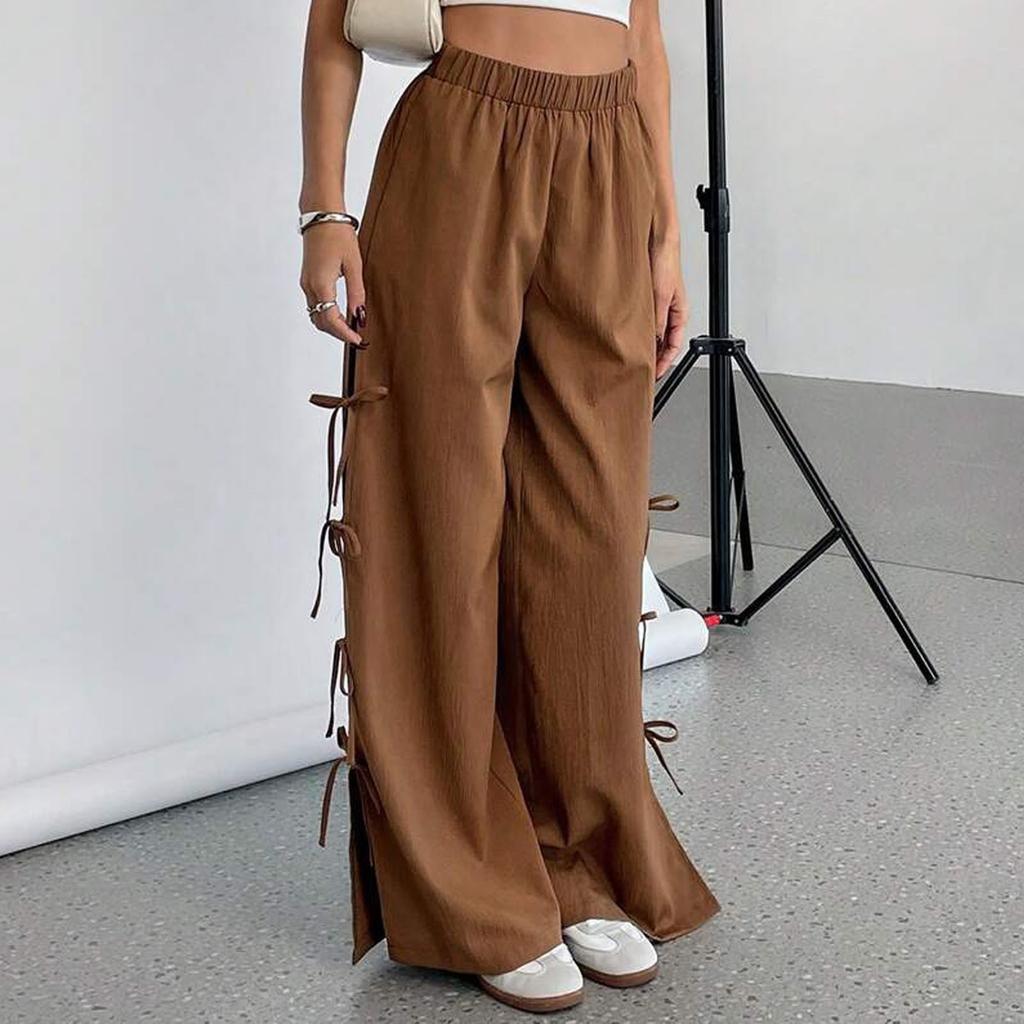 Women's Summer Casual Long Pants Solid Color Elastic Waist Wide Leg Pants