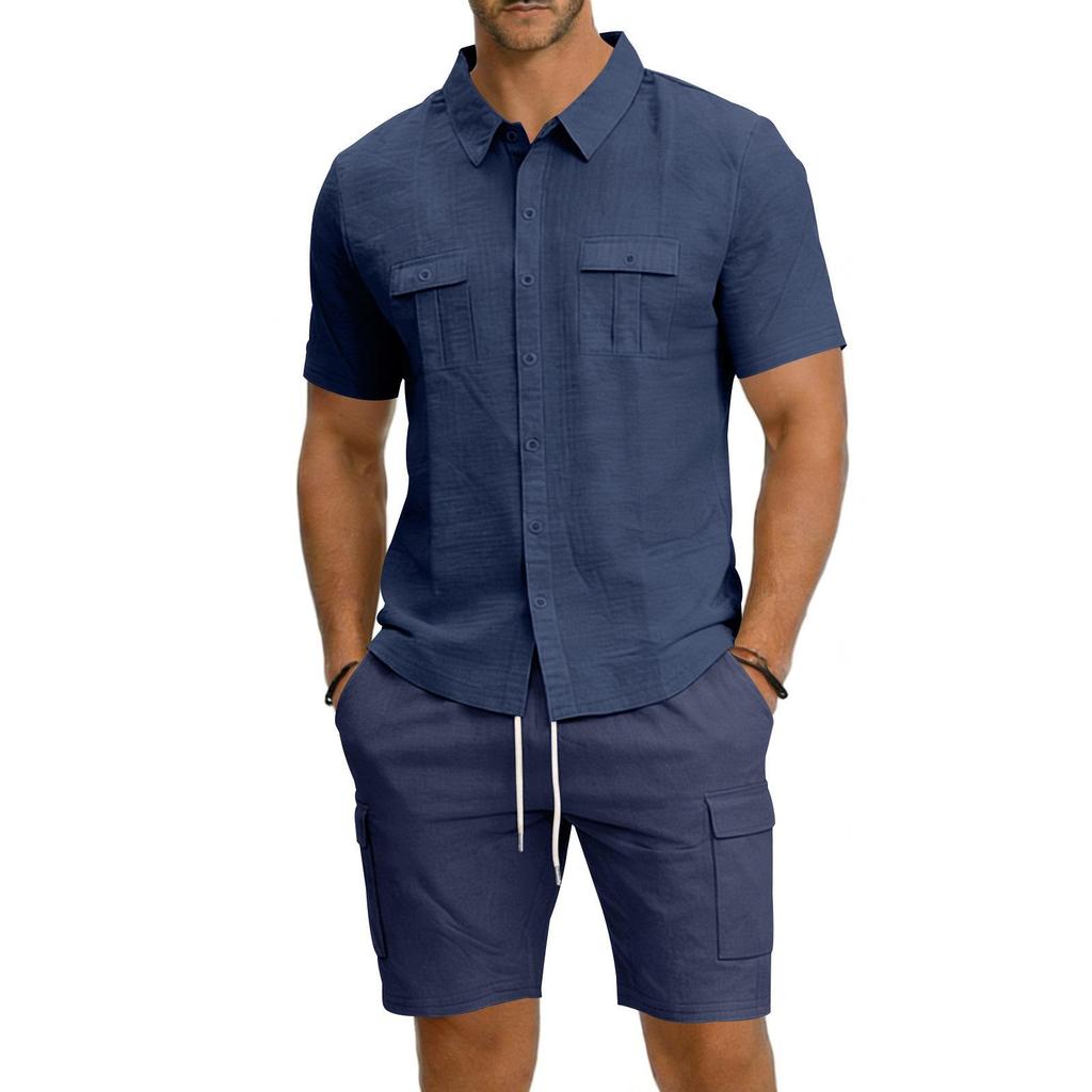 Men's Linen Solid Color Casual Holiday Shirt and Shorts Set