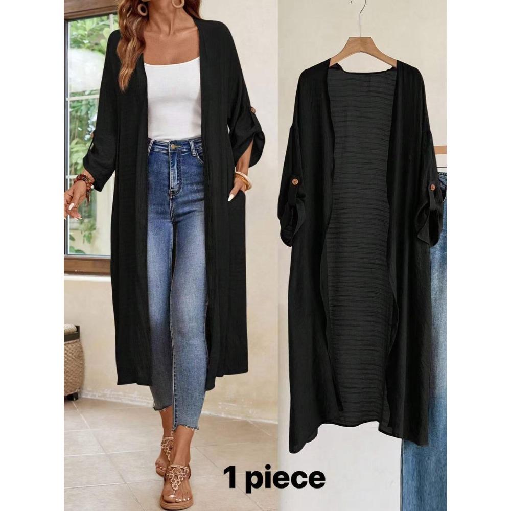 Women's Open Front Long Sleeve Maxi Cardigan Loose Solid Polyester Lightweight Cover Up Long Duster Outerwear With Side Pockets