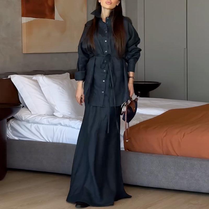 2026 New Fashion Women's Loose Long-Sleeve Shirt with Turn-down Collar and High-Waisted Skirt Set
