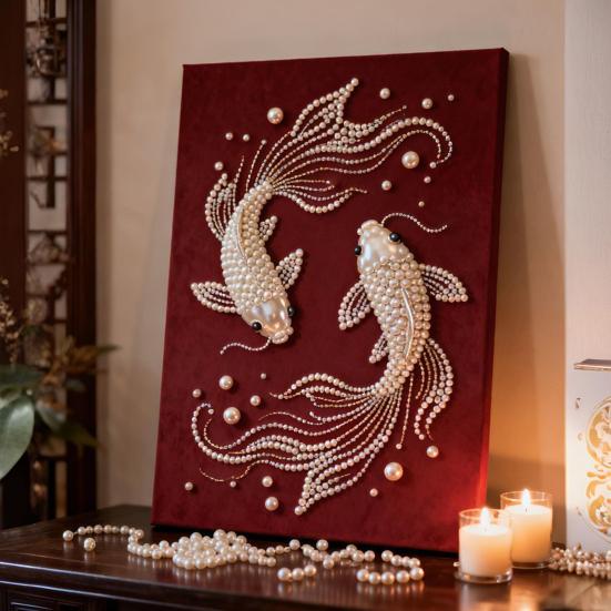 DIY Pearl Painting Kit for Adults Beginners Fancy Carp Butterfly Designs 3D Pearl Art Craft Kit Pre-Printed Canvas Resin Pearls Set for Wall Decor