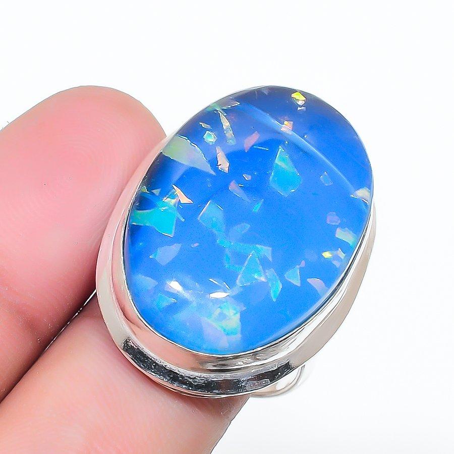 Natural Blue Triplet Opal Gemstone 925 Sterling Silver Jewelry Ring Size 8 AR-17009