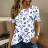Women Short Sleeve T Shirt Floral Print Button Detail Round Neck Casual Blouse Lightweight Soft Fabric Summer Top