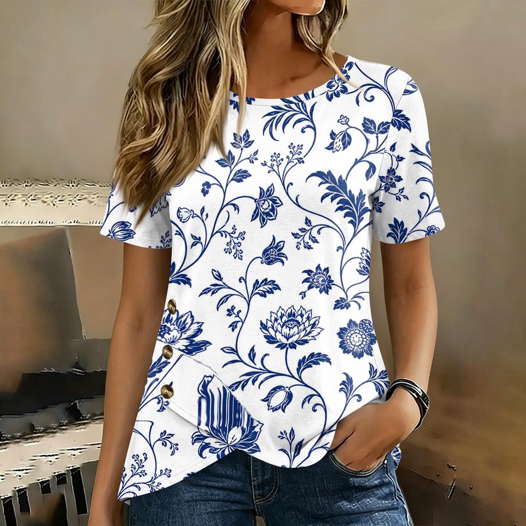 Women Short Sleeve T Shirt Floral Print Button Detail Round Neck Casual Blouse Lightweight Soft Fabric Summer Top
