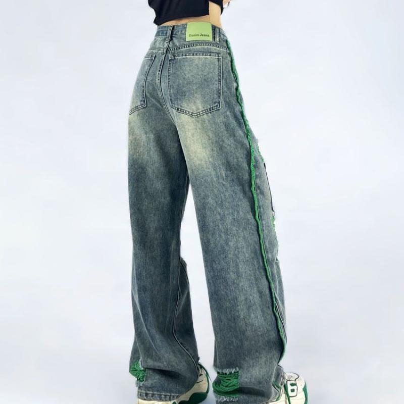 Women's Summer New Arrival Contrast Color Distressed Straight-Leg Loose Casual Jeans - Flattering Slimming Streetwear Versatile Denim Pants