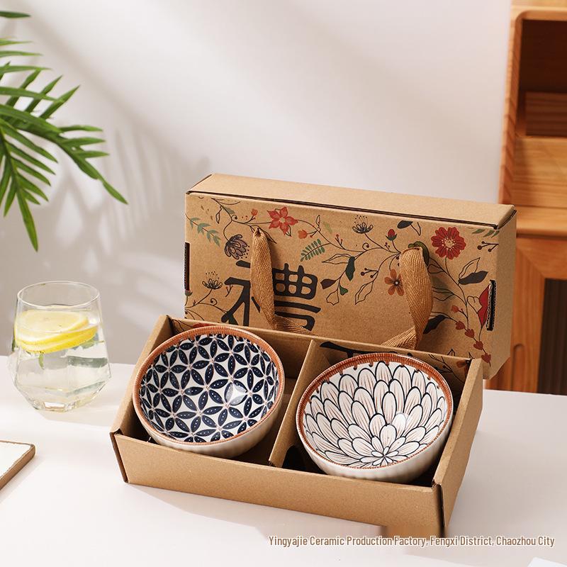 Japanese Style Underglaze Porcelain Rice Bowl Set - Microwaveable Ceramic Tableware for Households & Gifts