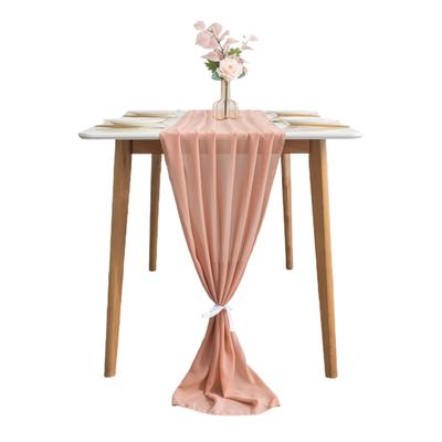 Roségoldener Tischläufer Modern Dekorativ Einfarbig Chiffon Esszimmer Tischplatte Tischwäsche mit 2 weißen Bändern für Hochzeit