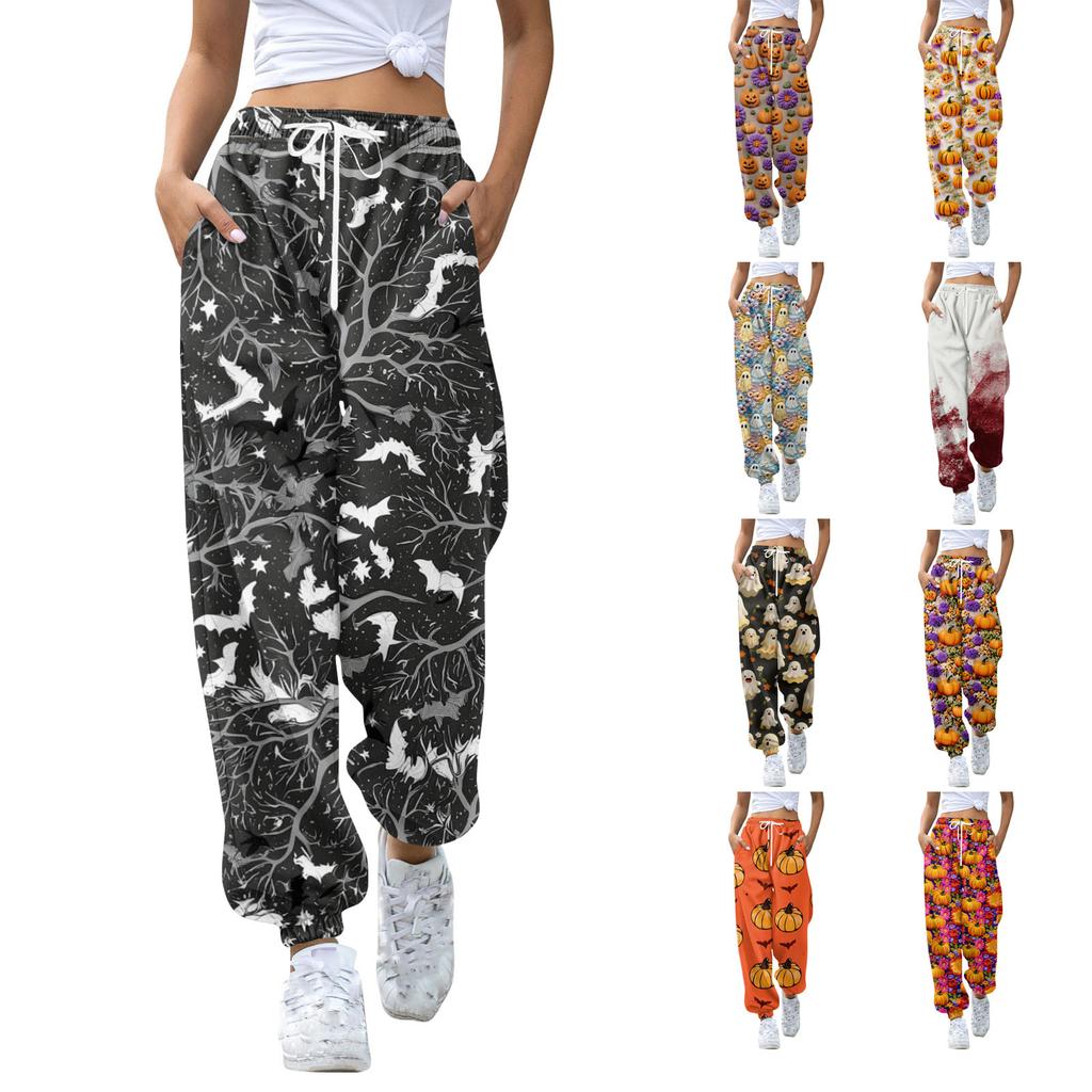 Damen Casual Mode Halloween Print Freizeithose Jogginghose Lange Hose Kordelzug Elastischer Bund Bündchenhose