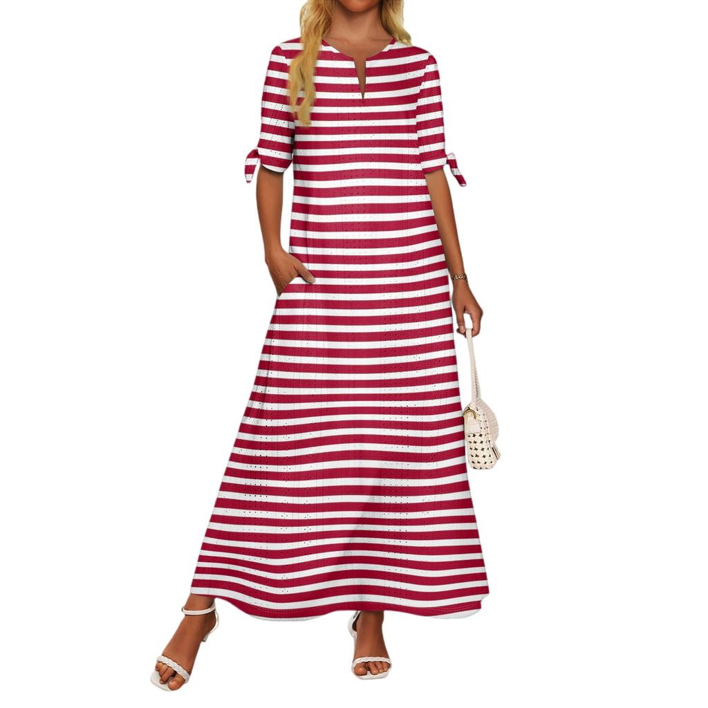 Ladies Casual Fashion Temperament Elegant Waist Striped Long Dress