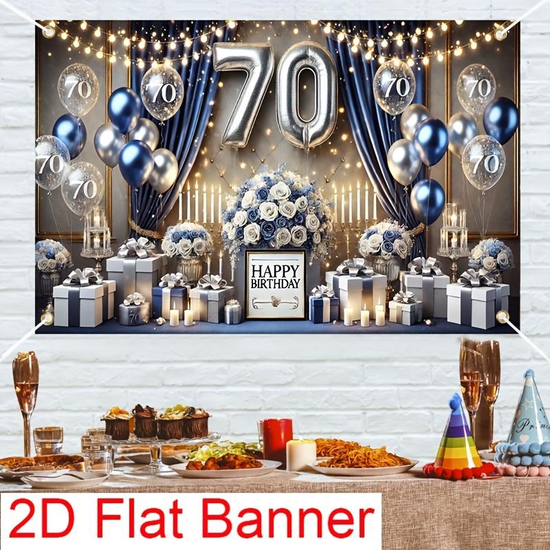 2D Plane 70th Birthday Party Background Banner - Elegant Blue and Silver Polyester Design