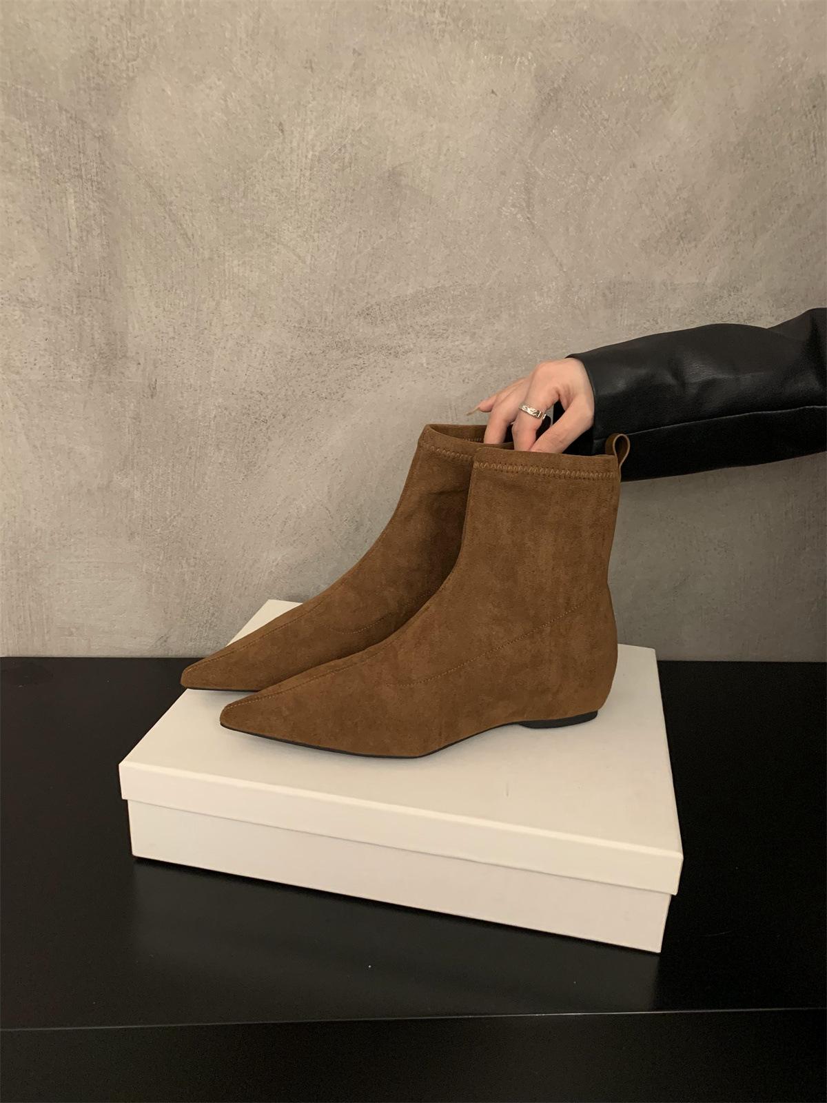 

French pointed suede inner heightened boots women s shoes 2025 spring and autumn new retro slimming nude boots Martin boots 40 коричневий