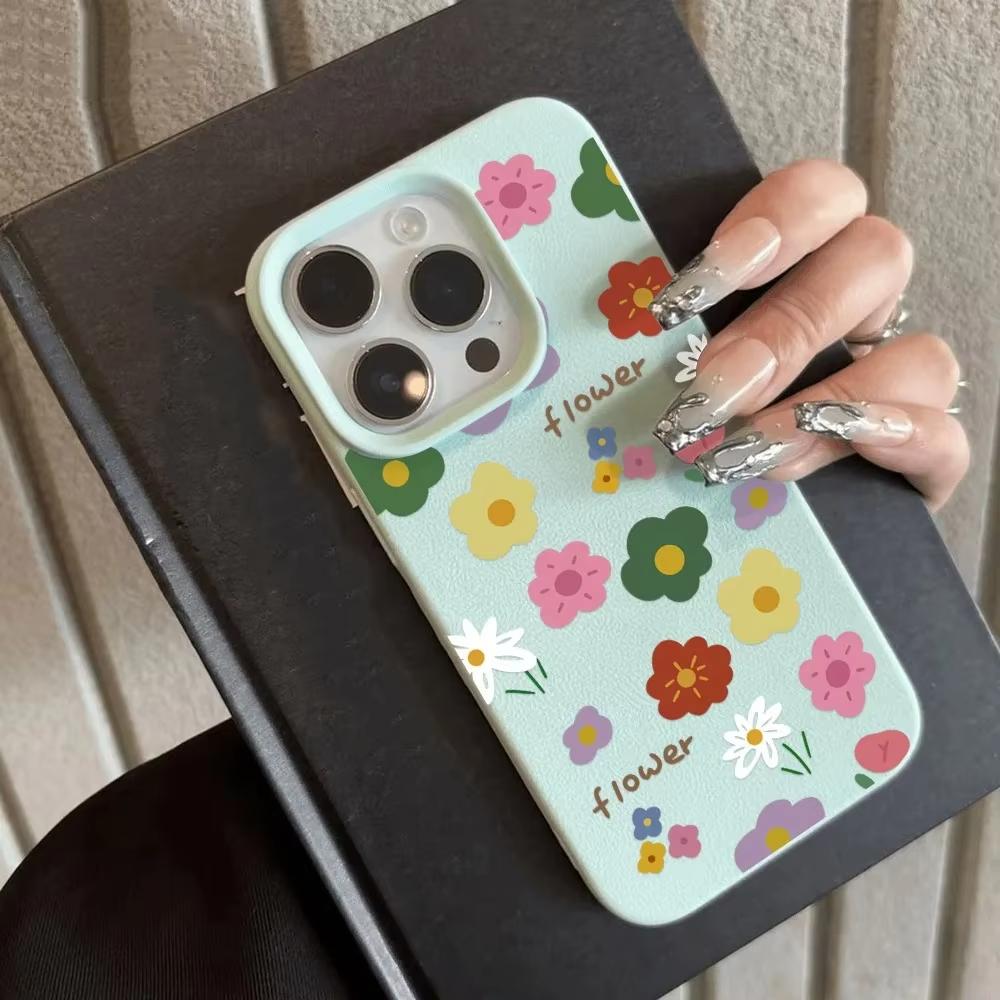 

Colorful Floral Full Pattern Print Lychee Texture Phone Case For iPhone 17 16 15 14 Plus 13 12 11 Pro Max 17 Air X XR XS Cover iPhone XR светло-голубой