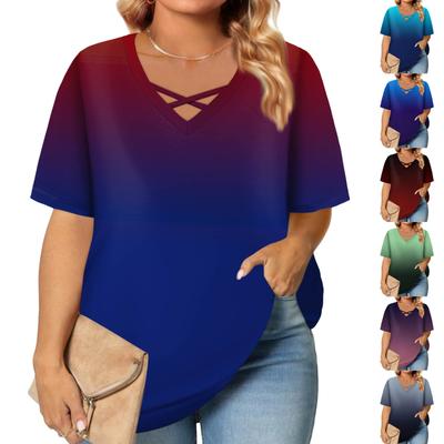 Women's Fashion Casual Solid Colour V-Neck Short Sleeve Large Size T-Shirt Top