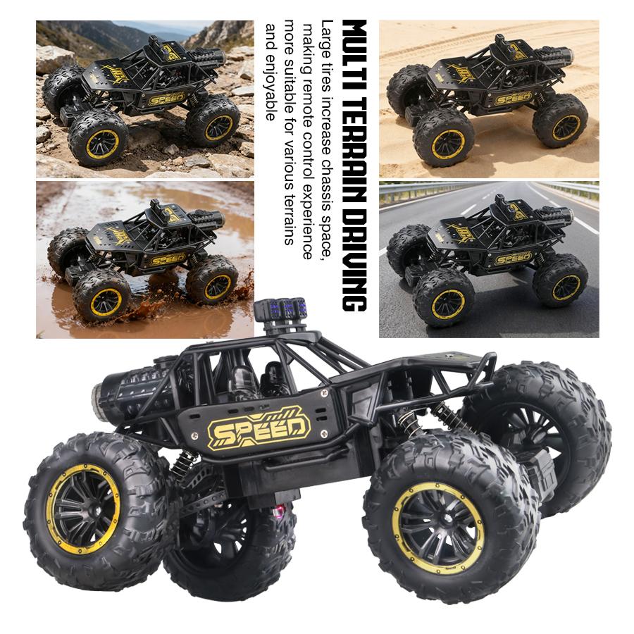 2.4g Remote Control Off-Road Alloy Car with Shock Absorbers, Climbing Fast Car with Music, Lights, and Spray, Children's Electric Rc T
