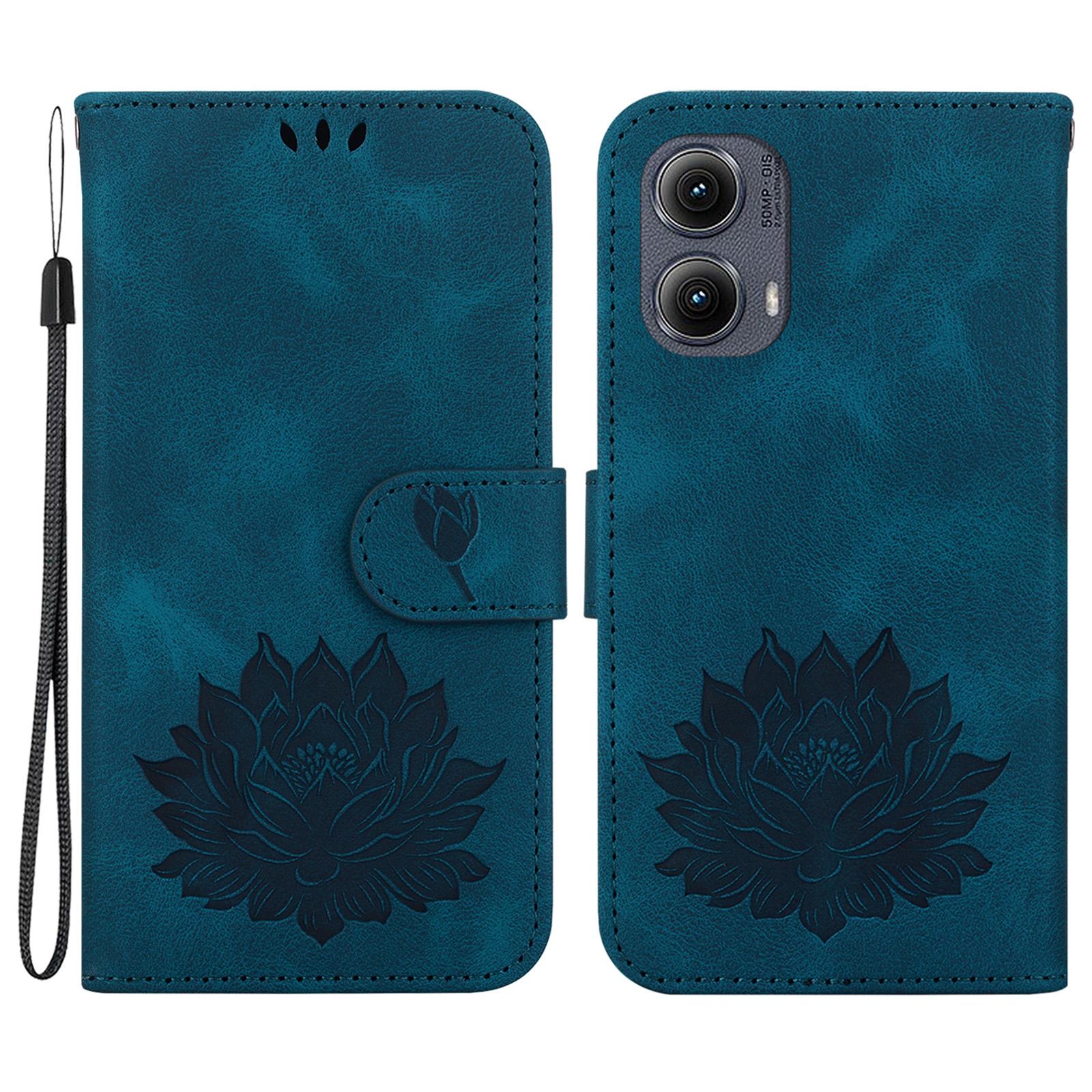 

For Motorola Edge (2024) 5G Wallet Phone Case Lotus Imprint Leather Stand Cover Blue