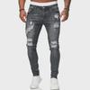 Men's Ripped Skinny Badge-Style Denim Jeans with Zipper Holes
