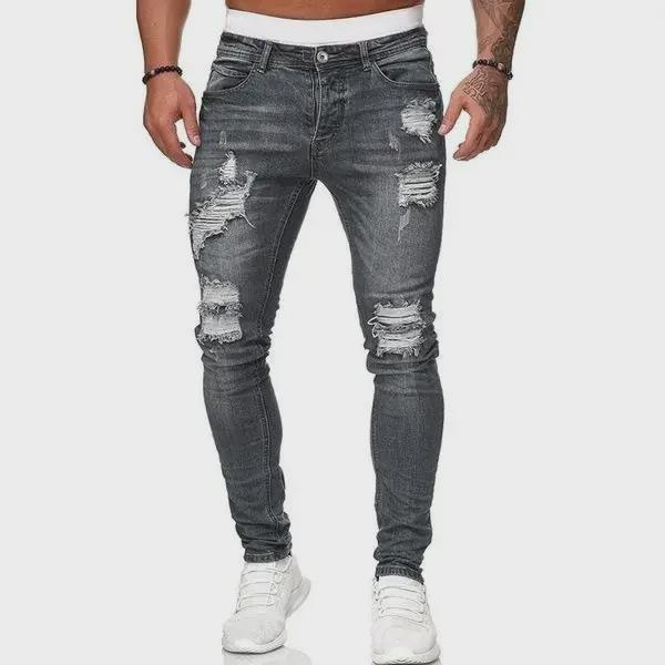 Men's Ripped Skinny Badge-Style Denim Jeans with Zipper Holes
